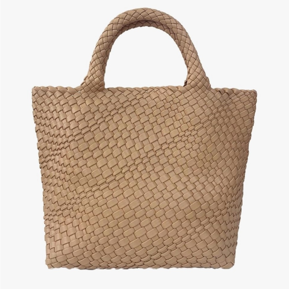 New Large Woven Vegan Leather Tote Bag with Matching Clutch – Beige - Picture 13 of 14